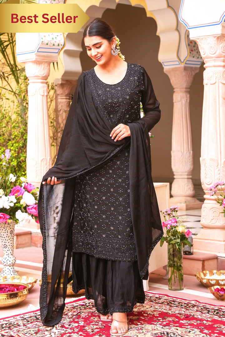 BLACK SHARARA SET - PAIRED WITH DUPATTA FOR WOMEN - EMBROIDERED WITH RESHAM & HANDWORK -SET OF 3