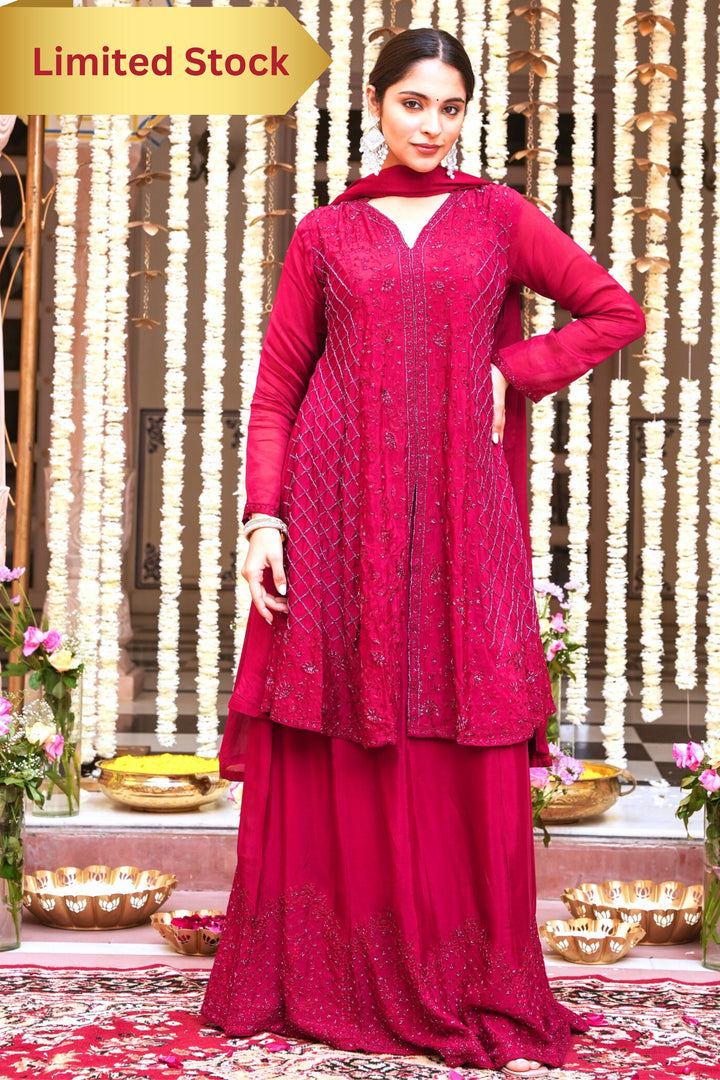 MAROON SHORT KALIDAR FOR WOMEN- PAIRED WITH LEHENGA & DUPATTA - EMBROIDERED WITH RESHAM & HANDWORK - SET OF 3