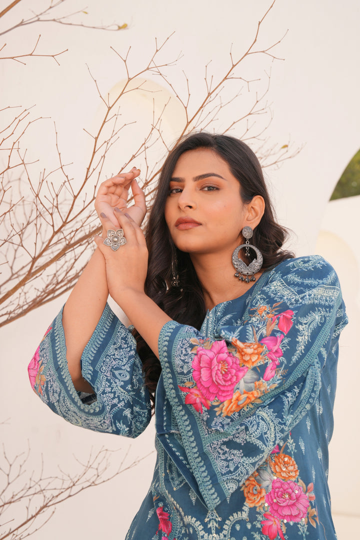 Printed Cotton Kurta & Pant - Hand Embroidered - Set of 2 - Blue