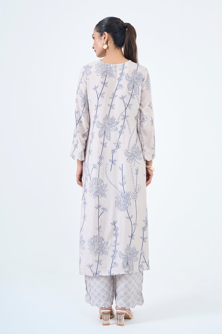 Printed Muslin Silk Kurta &amp; Pant – Embroidered – Set of 2 – Misty Grey