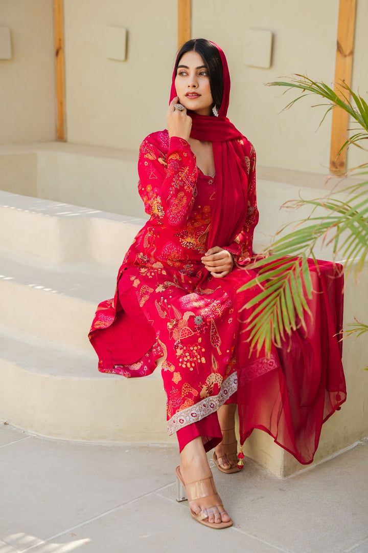 FLORAL PRINTED KURTA & PANT PAIRED WITH A DUPATTA - HAND EMBROIDERED - SET OF 3 - REDDISH MAROON