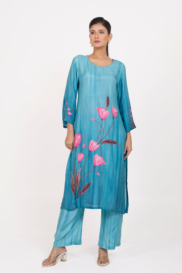 Printed Kurta & Pant - Hand Embroidered - Set of 2 - Blue - Muslin Silk