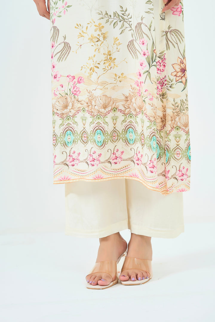 Printed Muslin Silk Kurta &amp; Pant Set – Hand Embroidered - Off-White