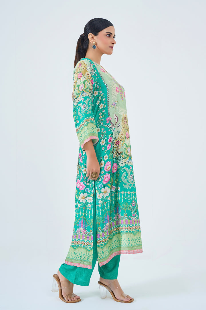 Printed Muslin Silk Kurta &amp; Pant Set - Hand Embroidered – Green