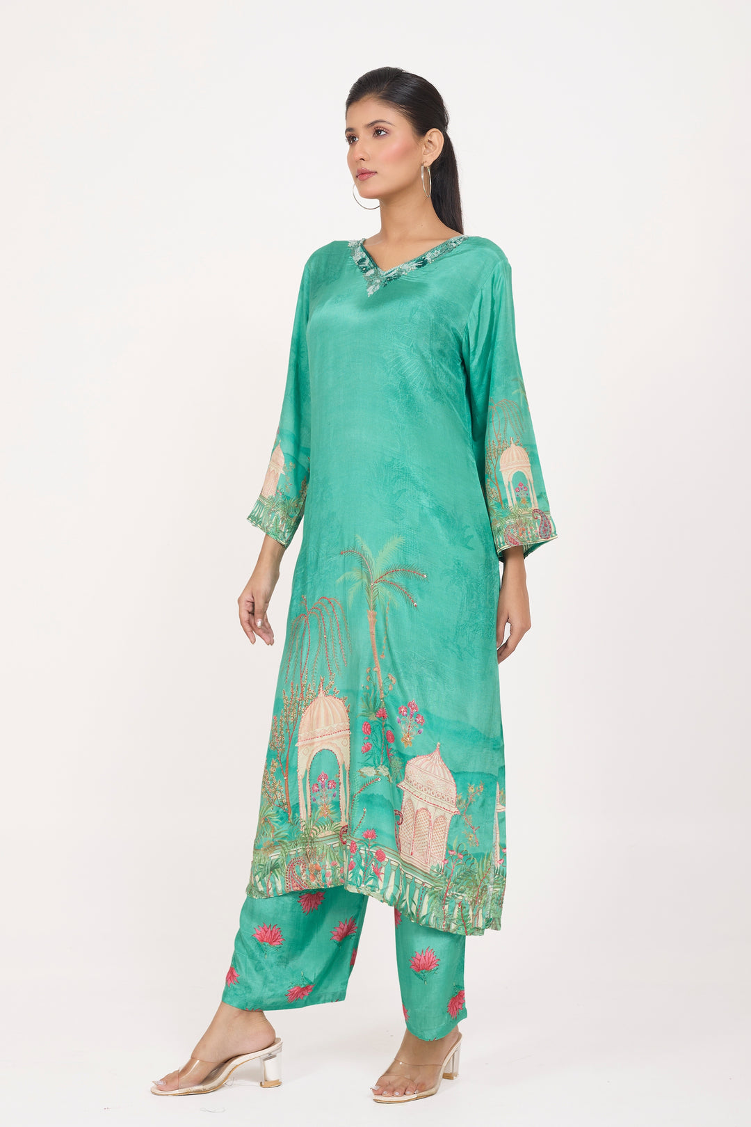 Printed Kurta & Pant - Hand Embroidered - Set of 2 - Green - Muslin Silk