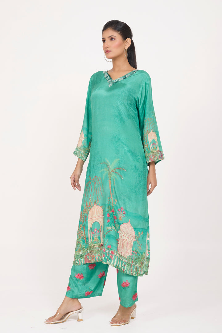 Printed Kurta & Pant - Hand Embroidered - Set of 2 - Green - Muslin Silk