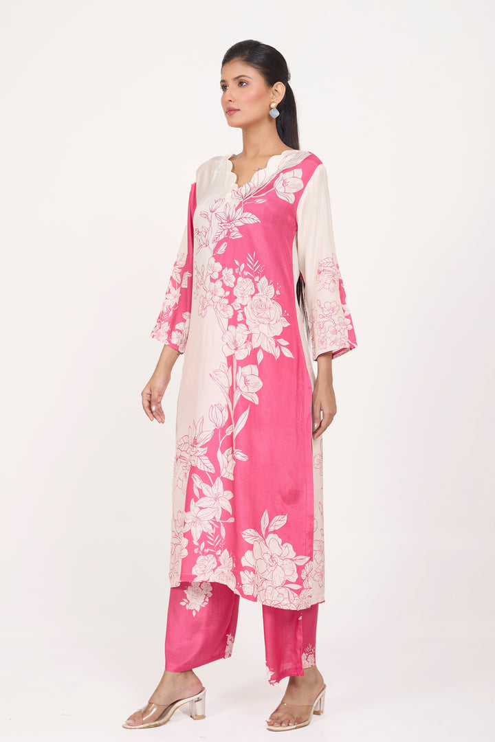Printed Kurta & Pant - Hand Embroidered - Set of 2 - Ombre Pink - Muslin Silk