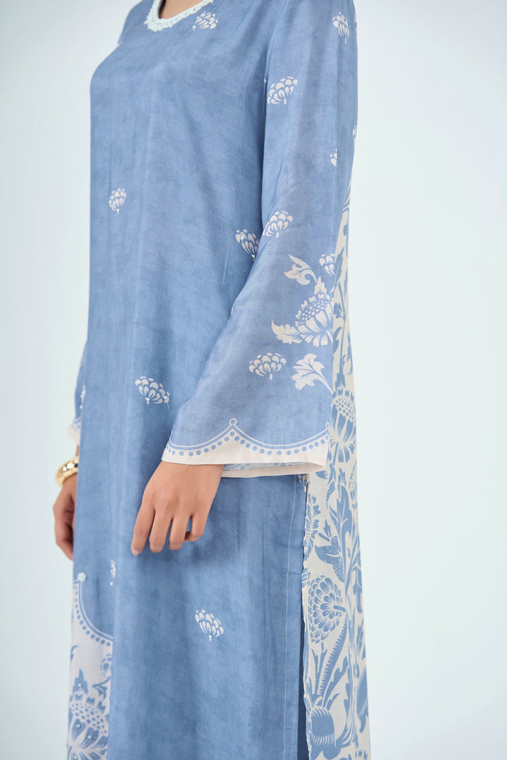 Printed Muslin Silk Kurta &amp; Pant – Pearl Embellished – Set of 2 – Blue