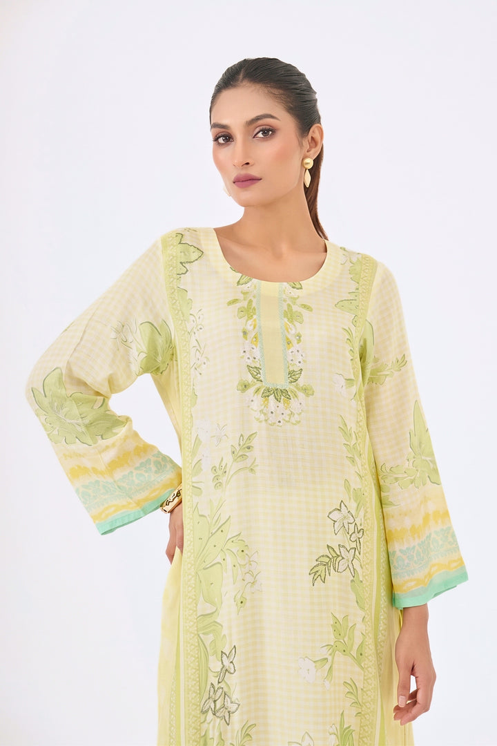Printed Muslin Silk Kurta &amp; Pant - Set Of 2 - Lime Green