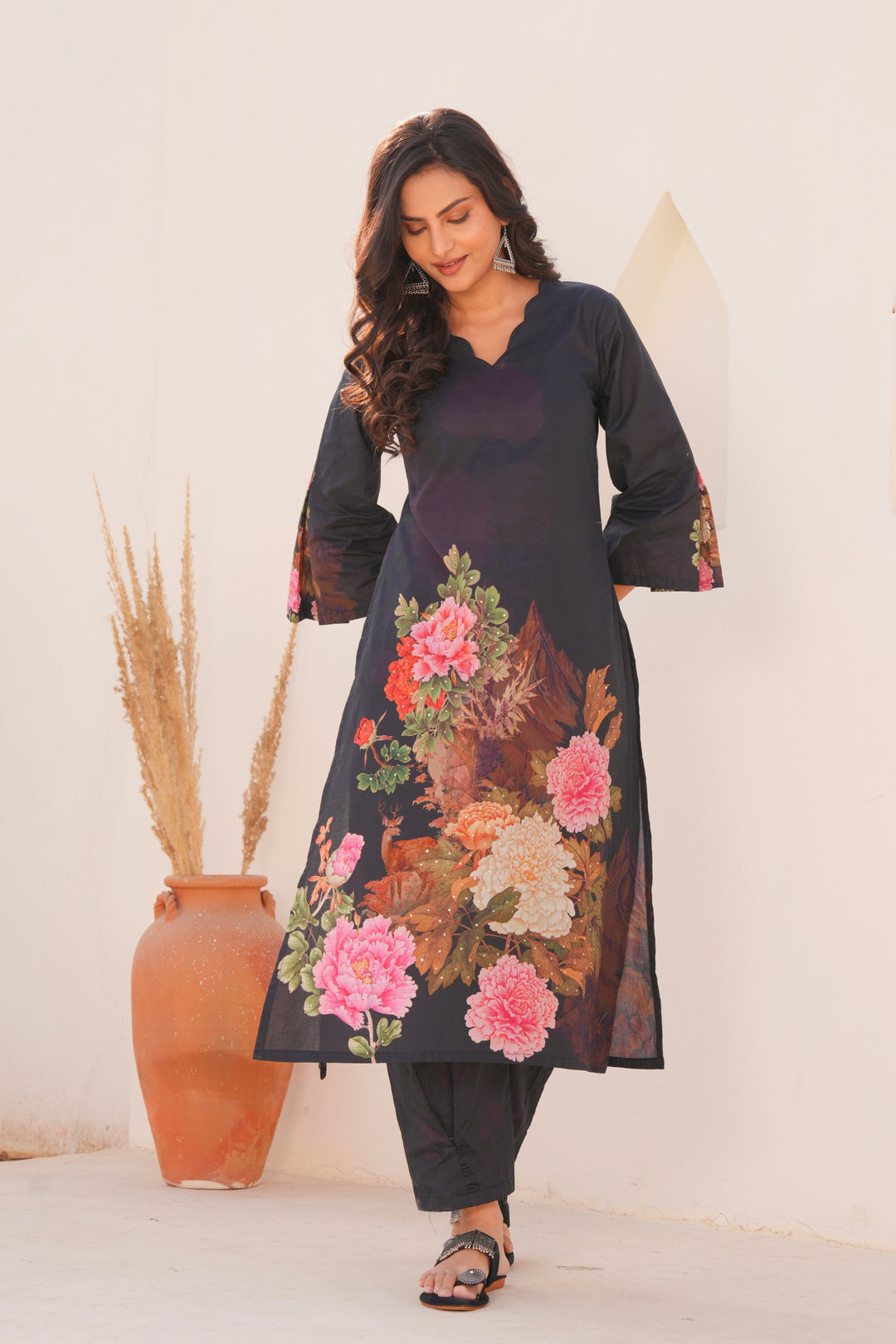 Printed Cotton Kurta & Pant - Hand Embroidered - Set of 2 - Black