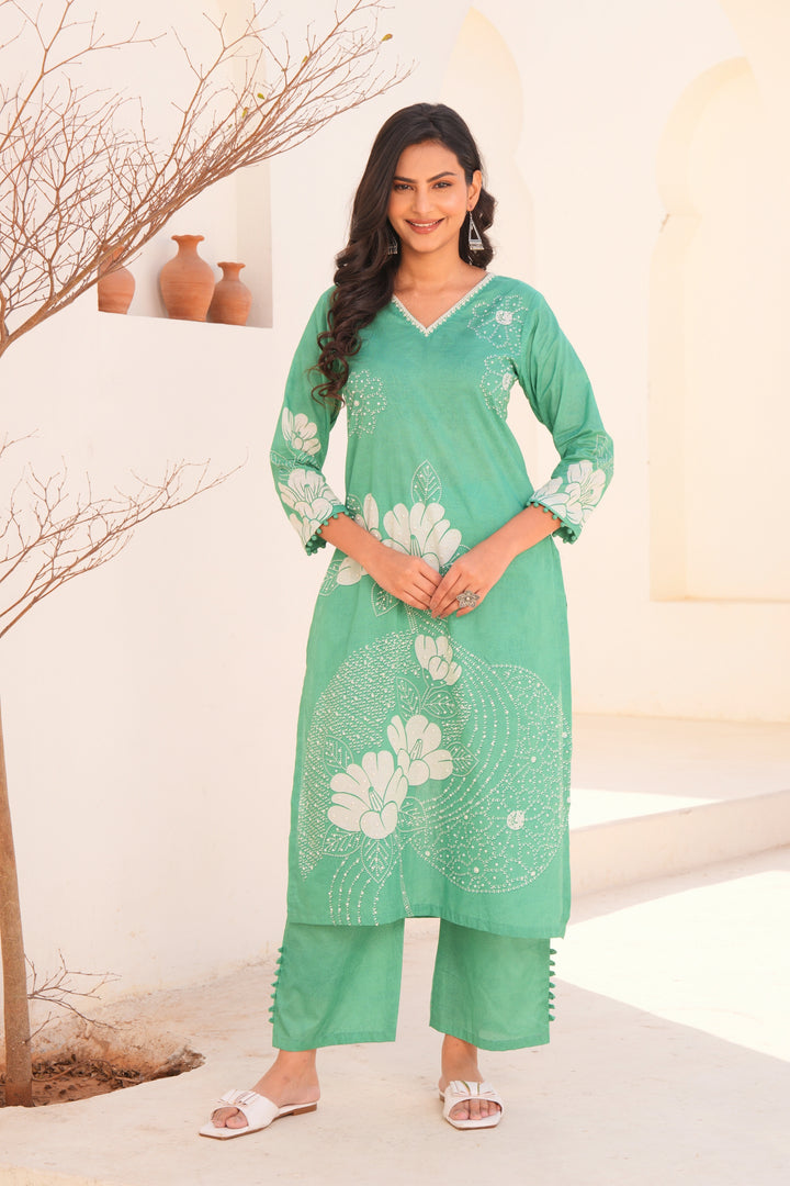 Printed Cotton Kurta & Pant - Hand Embroidered- Set of 2 - Green