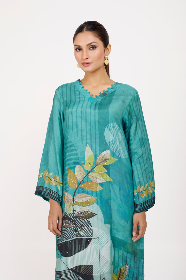 Printed Kurta & Pant - Hand Embroidered - Set of 2 - Sea Green - Muslin Silk