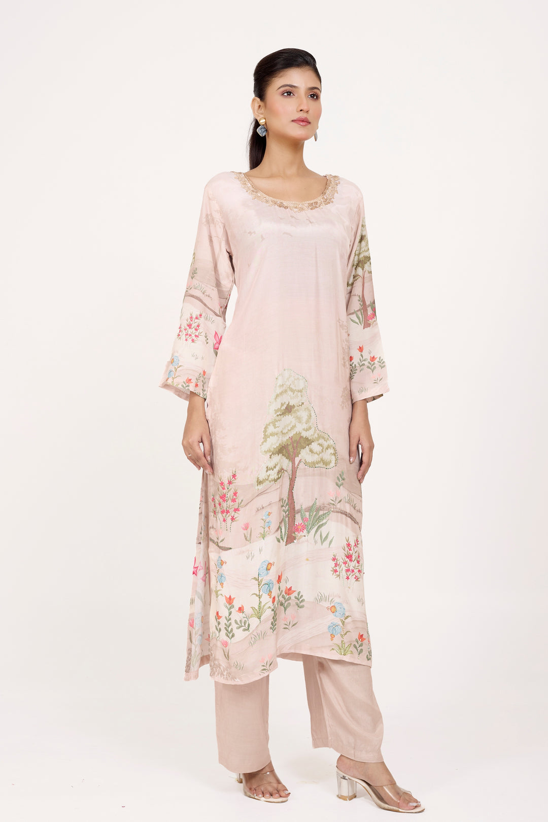 Printed Kurta & Pant - Hand Embroidered - Set of 2 - Lite Beige - Muslin Silk