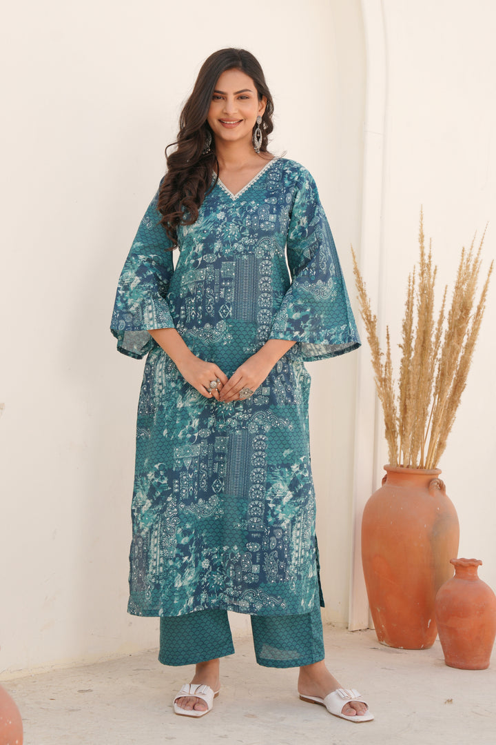 Printed Cotton Kurta & Pant - Hand Embroidered - Set of 2 - Sea Green