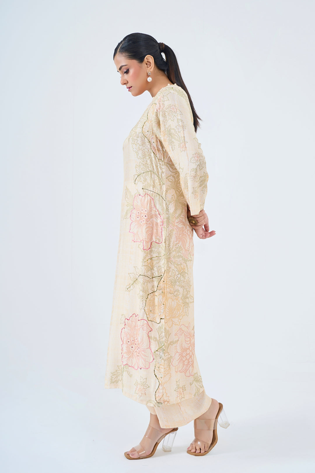Printed Muslin Silk Kurta &amp; Pant Set – Hand Embroidered - Soft Beige