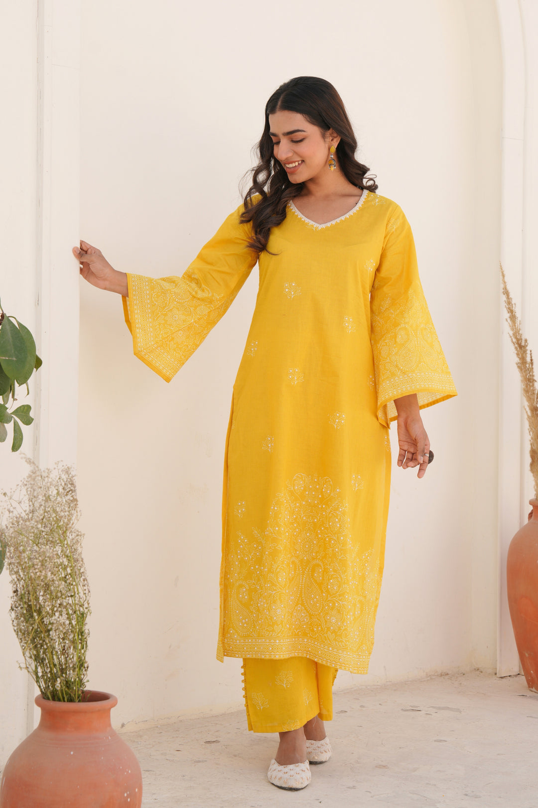 Printed Cotton Kurta & Pant - Hand Embroidered - Set of 2 - Yellow