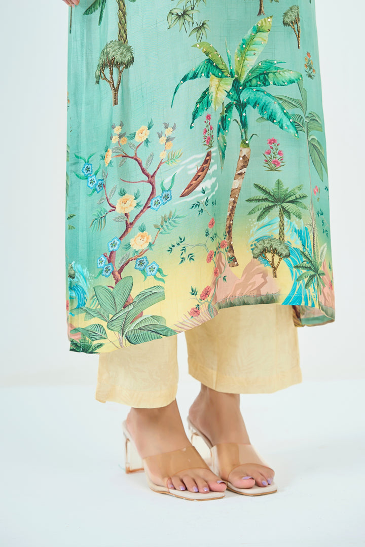 Printed Muslin Silk Kurta &amp; Pant Set – Hand Embroidered - Aqua Green &amp; Ivory
