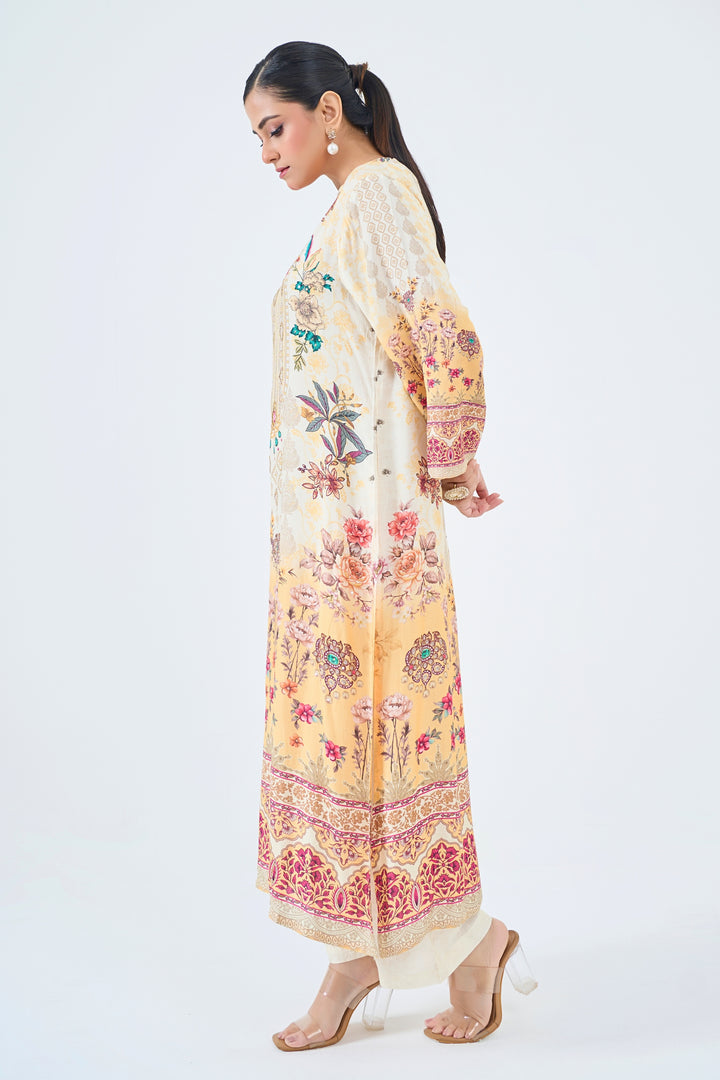 Floral Printed Muslin Silk Kurta &amp; Pant Set – Hand Embroidered - Ivory Yellow