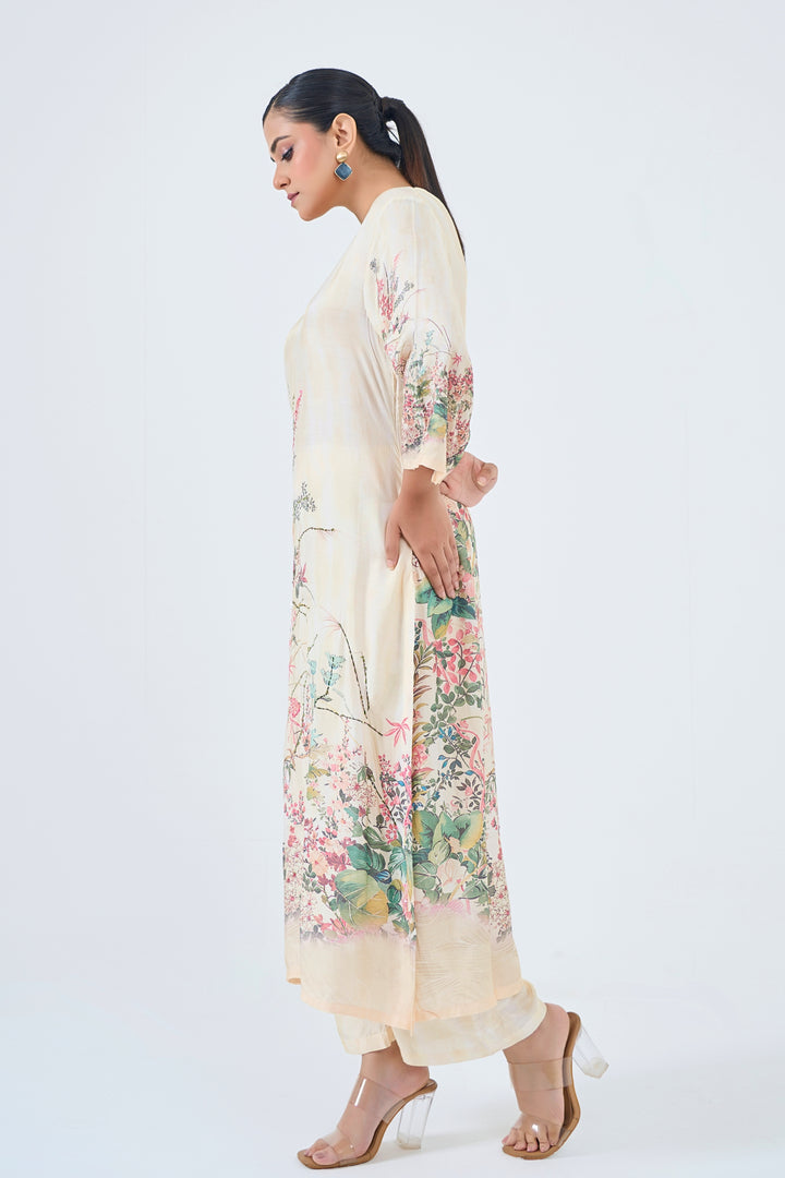 Printed Muslin Silk Kurta &amp; Pant Set - Hand Embroidered – Off White