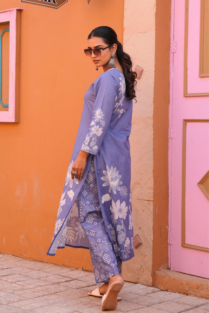 Printed Cotton Kurta & Pant - Hand Embroidered - Set of 2 - Denim Blue