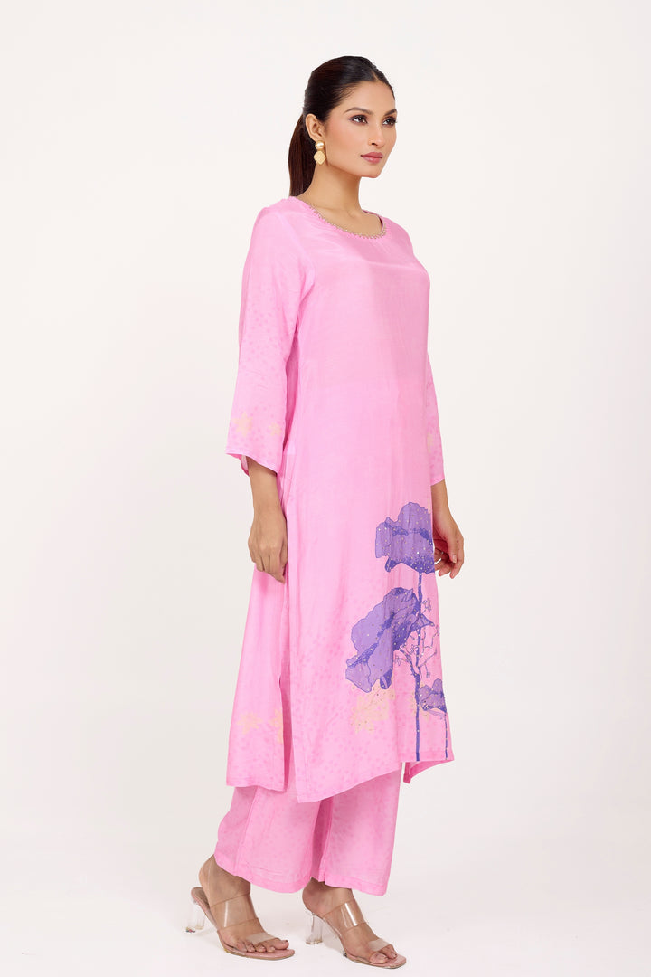 Pink Muslin Silk Hand-Embroidered Kurta Set