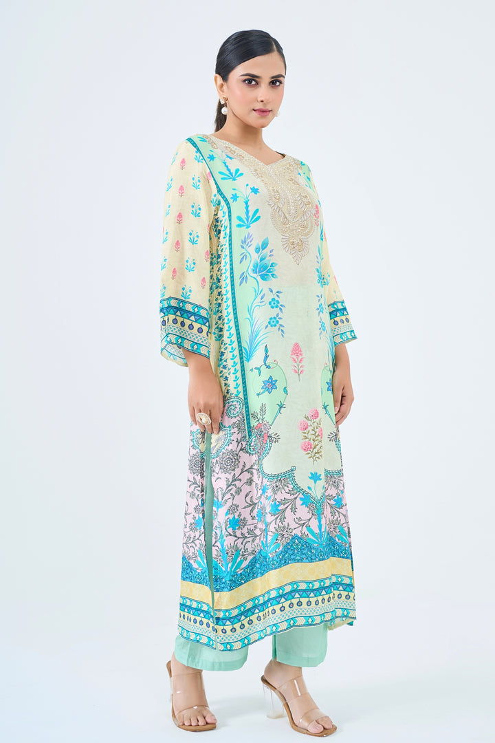 Printed Muslin Silk Kurta &amp; Pant Set - Hand Embroidered – Mint Green