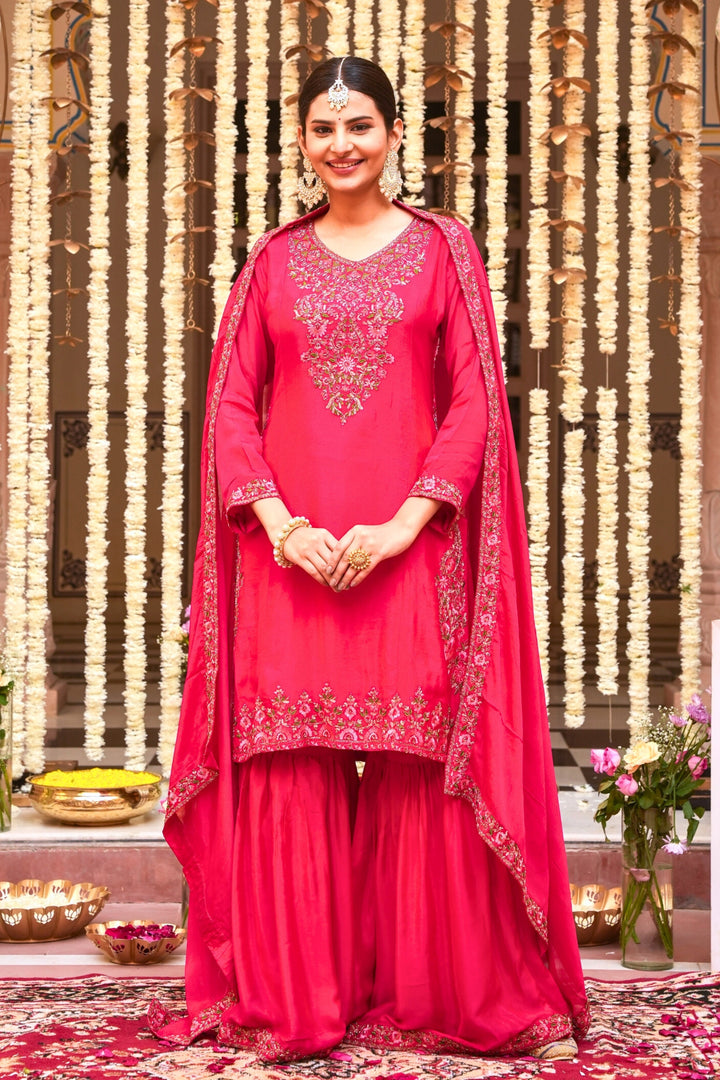 PINK SHARARA SET FOR WOMEN - PAIRED WITH DUPATTA - EMBROIDERED WITH RESHAM & HANDWORK - SET OF 3