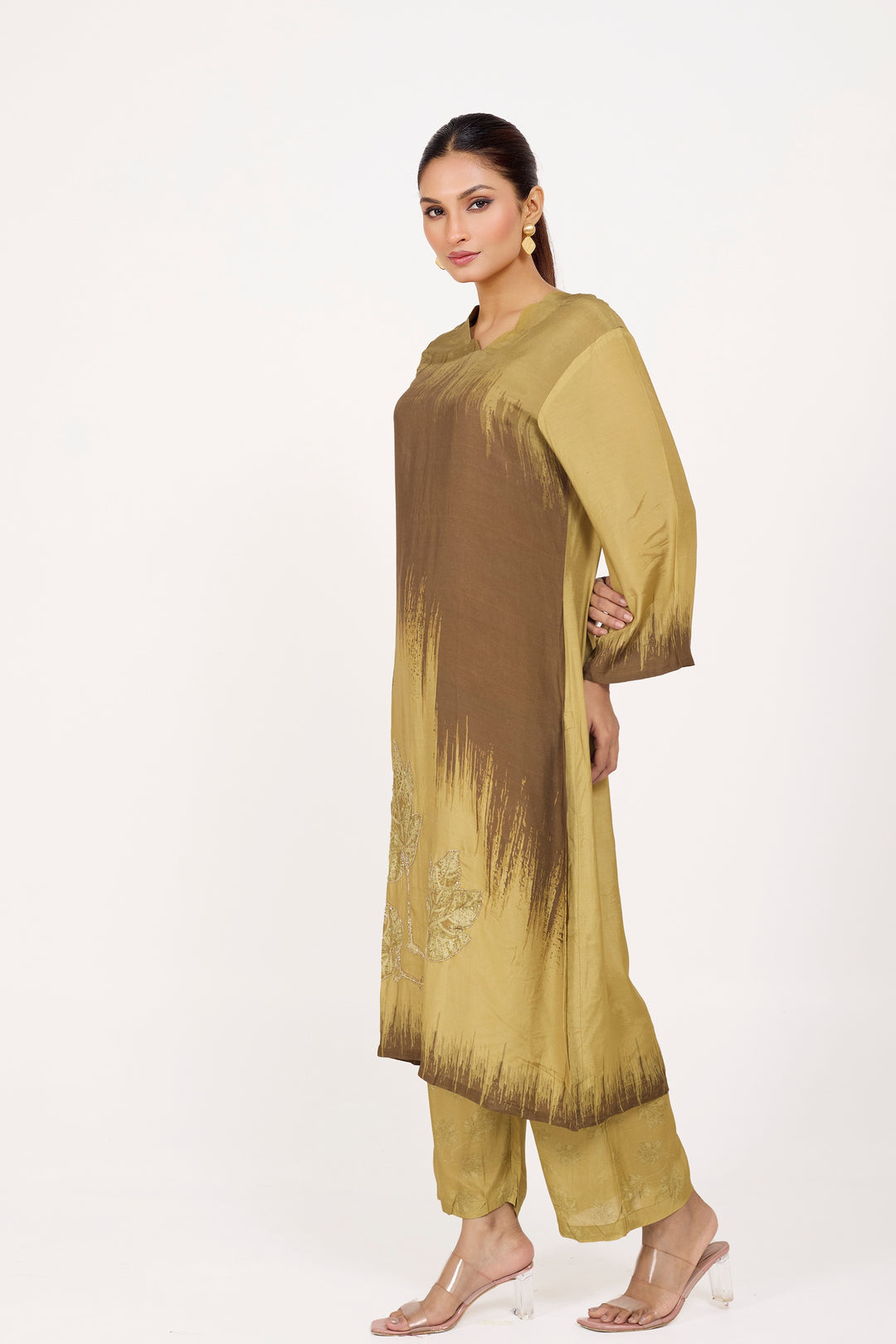 Printed Kurta & Pant - Hand Embroidered - Set of 2 - Brown - Muslin Silk