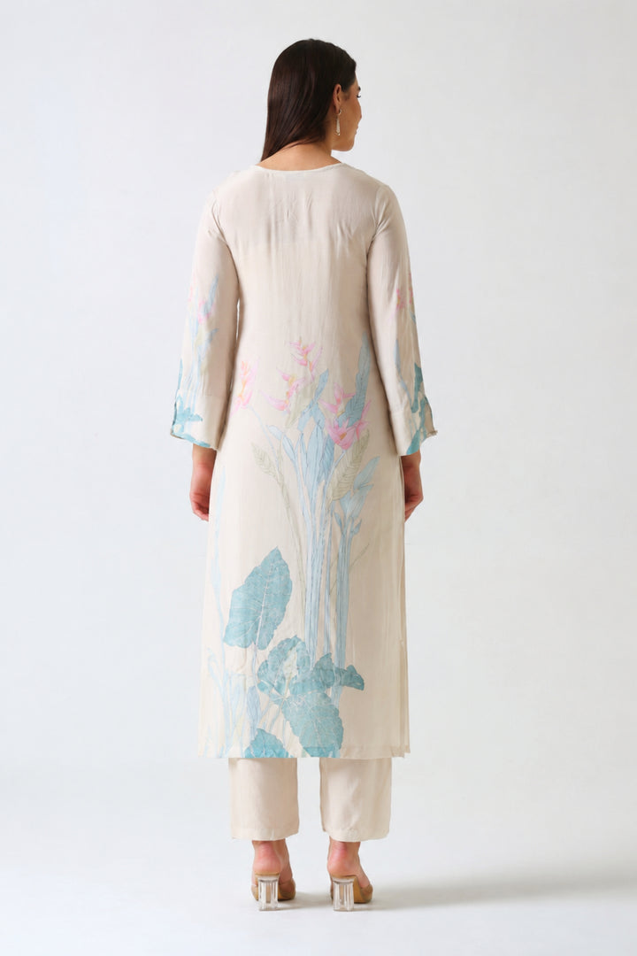 Printed Muslin Silk Kurta & Pant – Hand Embroidered – Set of 2 – Off White