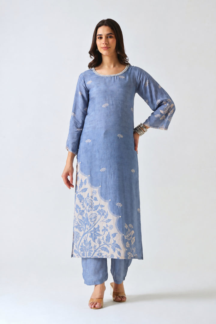Printed Muslin Silk Kurta & Pant – Pearl Embellished – Set of 2 – Blue