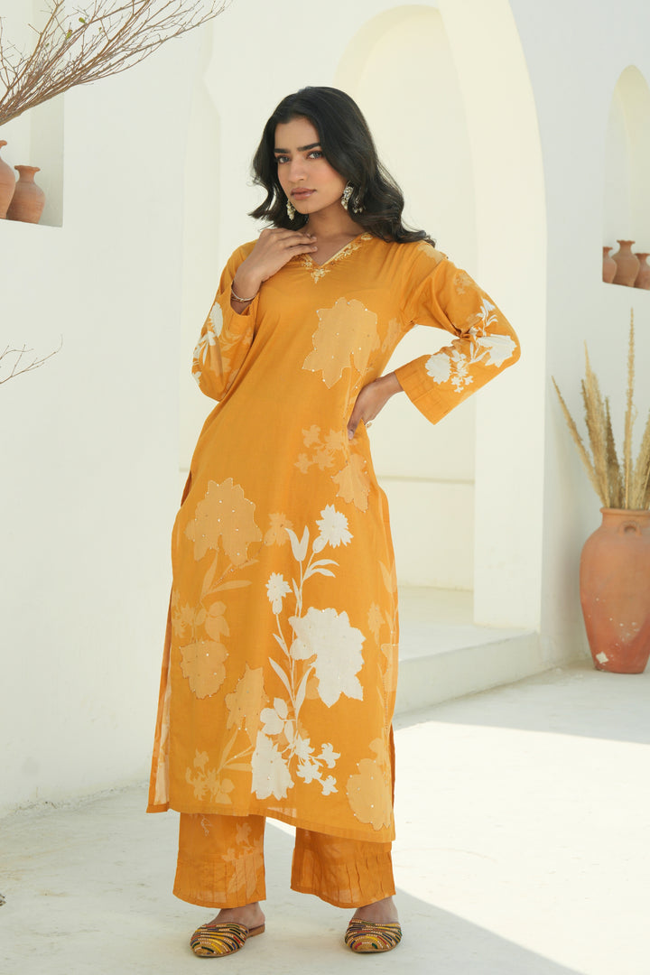 Printed Cotton Kurta & Pant - Hand Embroidered - Set of 2 - Mustard Yellow