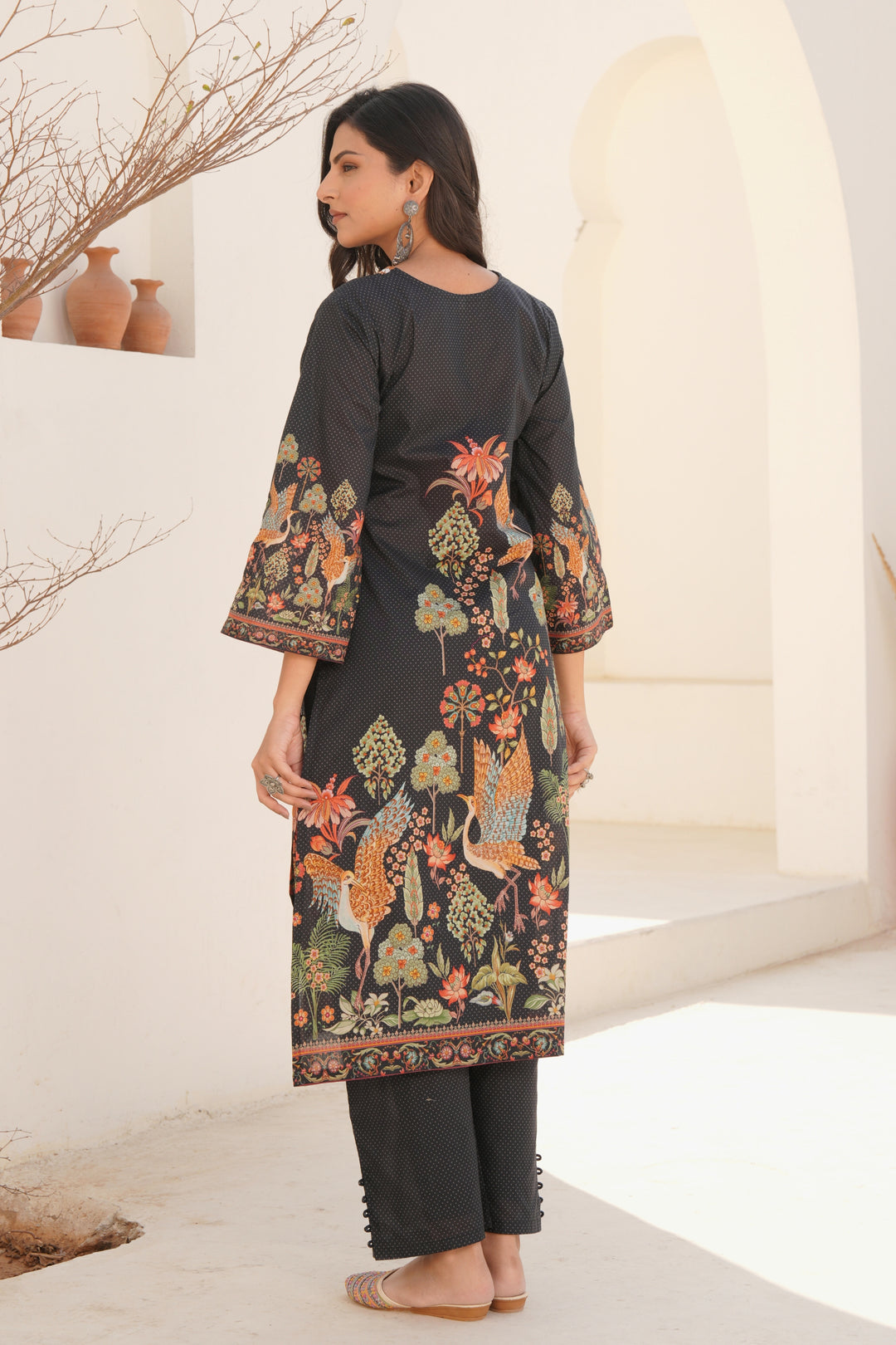 Printed Cotton Kurta & Pant - Hand Embroidered - Set of 2 - Black