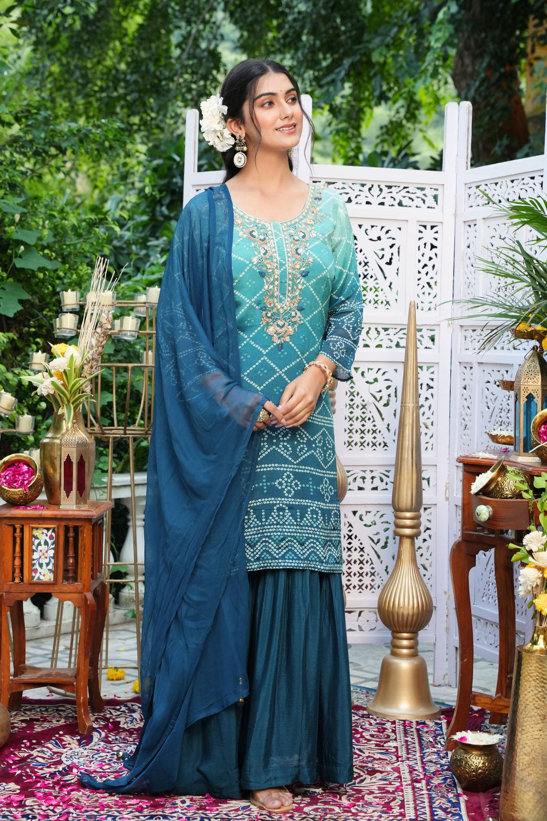 Kurta & Sharara - With Dupatta - Hand Embroidered - Set of 3 - Blue