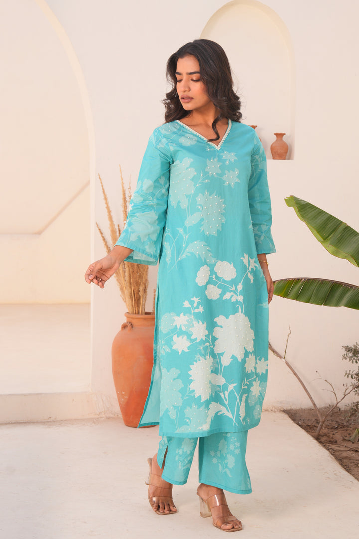 Printed Cotton Kurta & Pant - Hand Embroidered - Set of 2 - Sky Blue