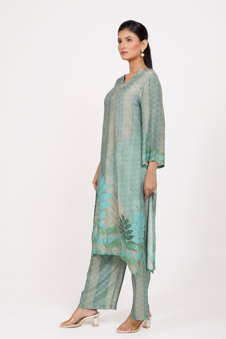 Printed Kurta & Pant - Hand Embroidered - Set of 2 - Dusty Green - Muslin Silk