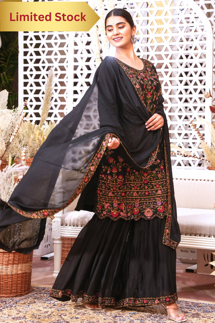 BLACK SHARARA SET FOR WOMEN- PAIRED WITH DUPATTA - EMBROIDERED WITH RESHAM, ZARI & CUTDANA HANDWORK - SET OF 3