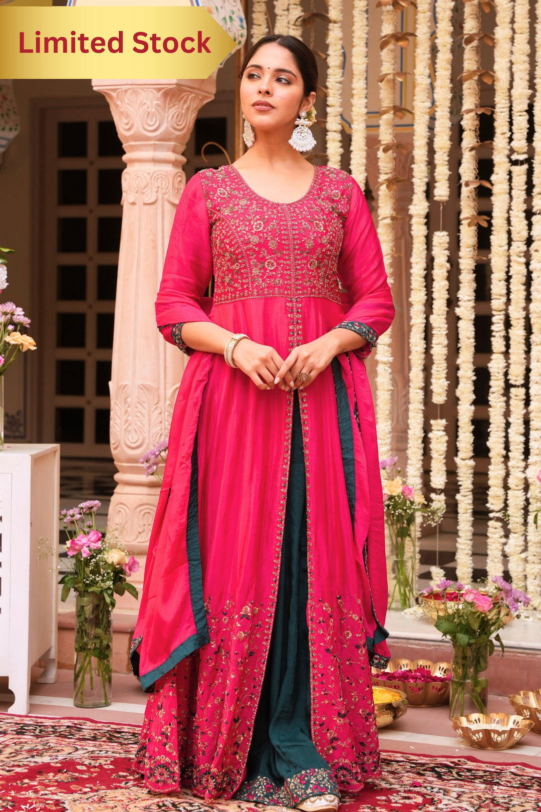 PINK INDO-WESTERN FRONT SLIT GOWN FOR WOMEN - PAIRED WITH LEHENGA & DUPATTA - EMBROIDERED WITH RESHAM & HANDWORK - SET OF 3