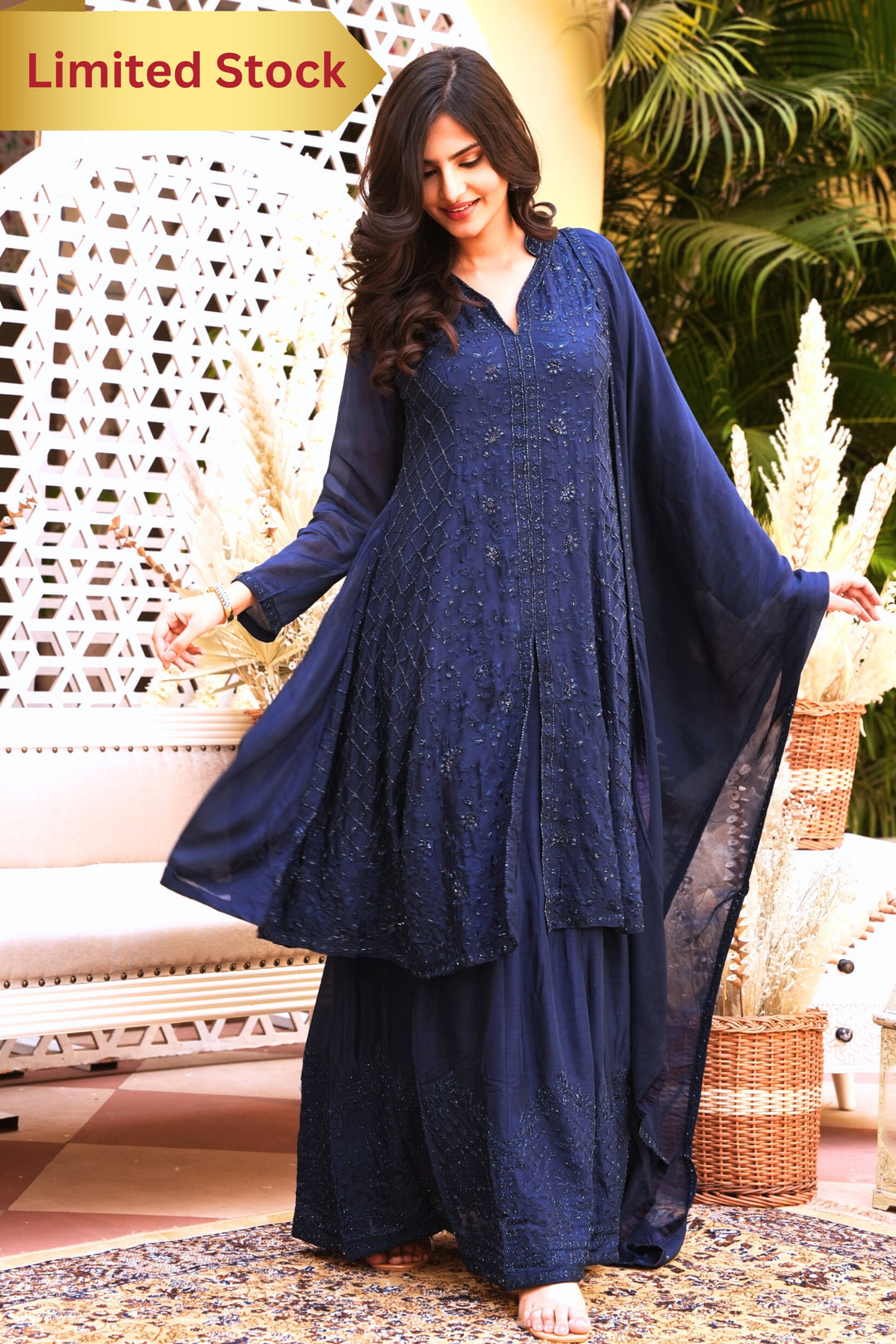 DARK BLUE SHORT KALIDAR FOR WOMEN - PAIRED WITH LEHENGA & DUPATTA - EMBROIDERED WITH RESHAM & HANDWORK - SET OF 3