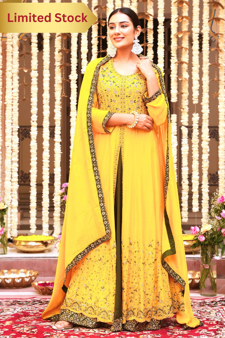 YELLOW INDO-WESTERN FRONT SLIT GOWN FOR WOMEN - PAIRED WITH LEHENGA & DUPATTA - EMBROIDERED WITH RESHAM & HANDWORK - SET OF 3