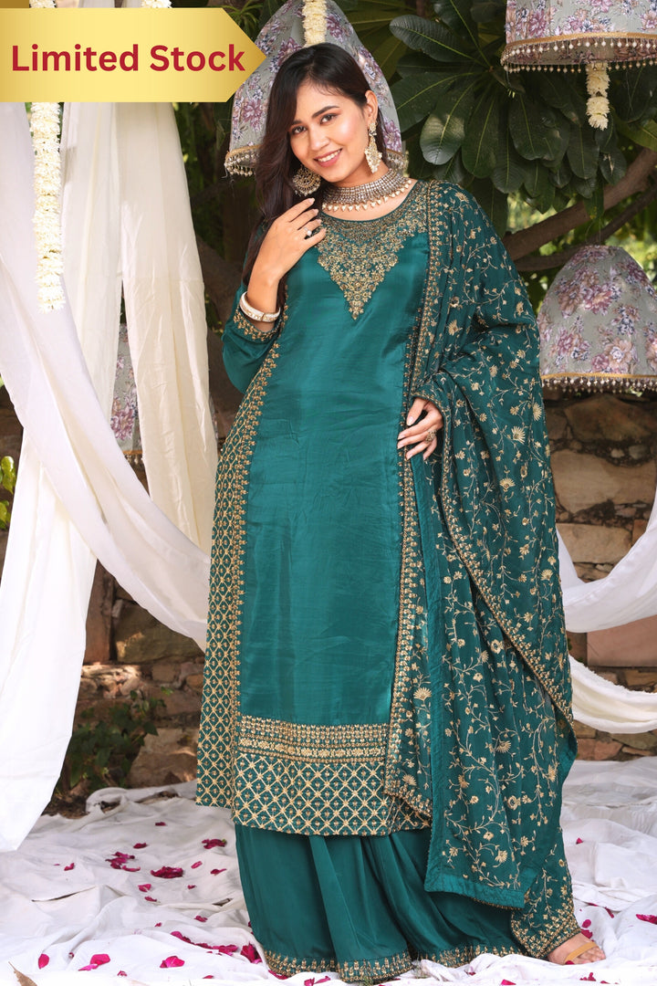 GREEN KURTA & LEHENGA SET FOR WOMEN - PAIRED WITH DUPATTA - EMBROIDERED WITH ZARI & HANDWORK - SET OF 3