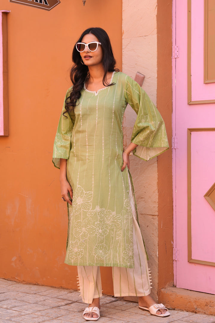 Printed Cotton Kurta & Pant - Hand Embroidered - Set of 2 - Green