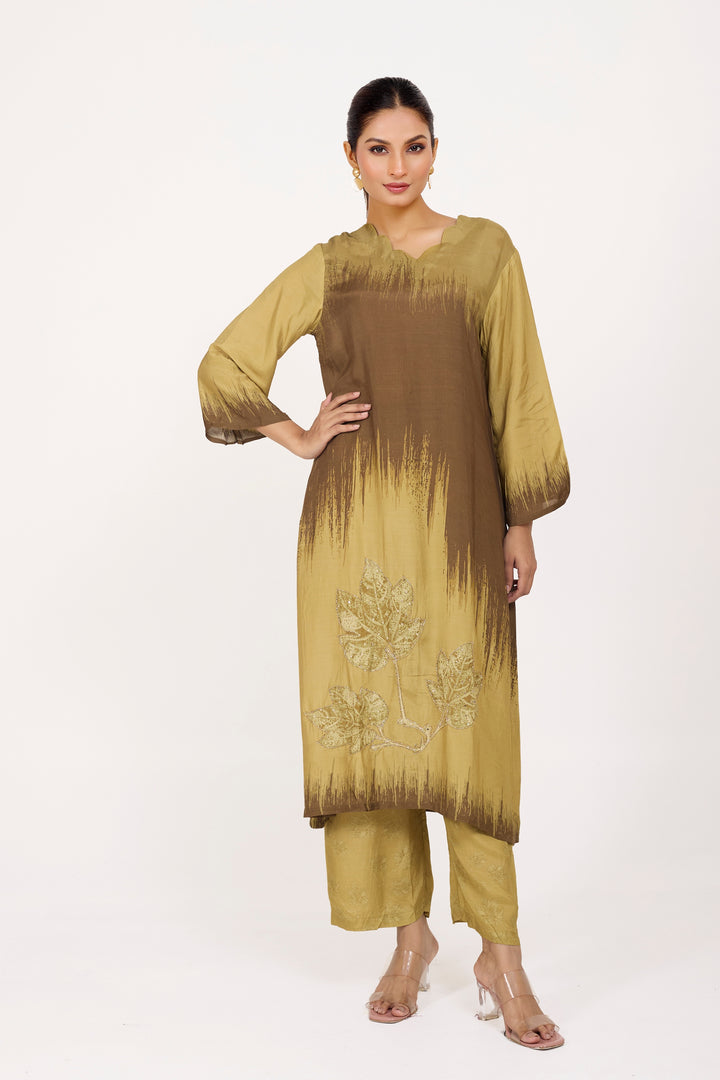 Printed Kurta & Pant - Hand Embroidered - Set of 2 - Brown - Muslin Silk