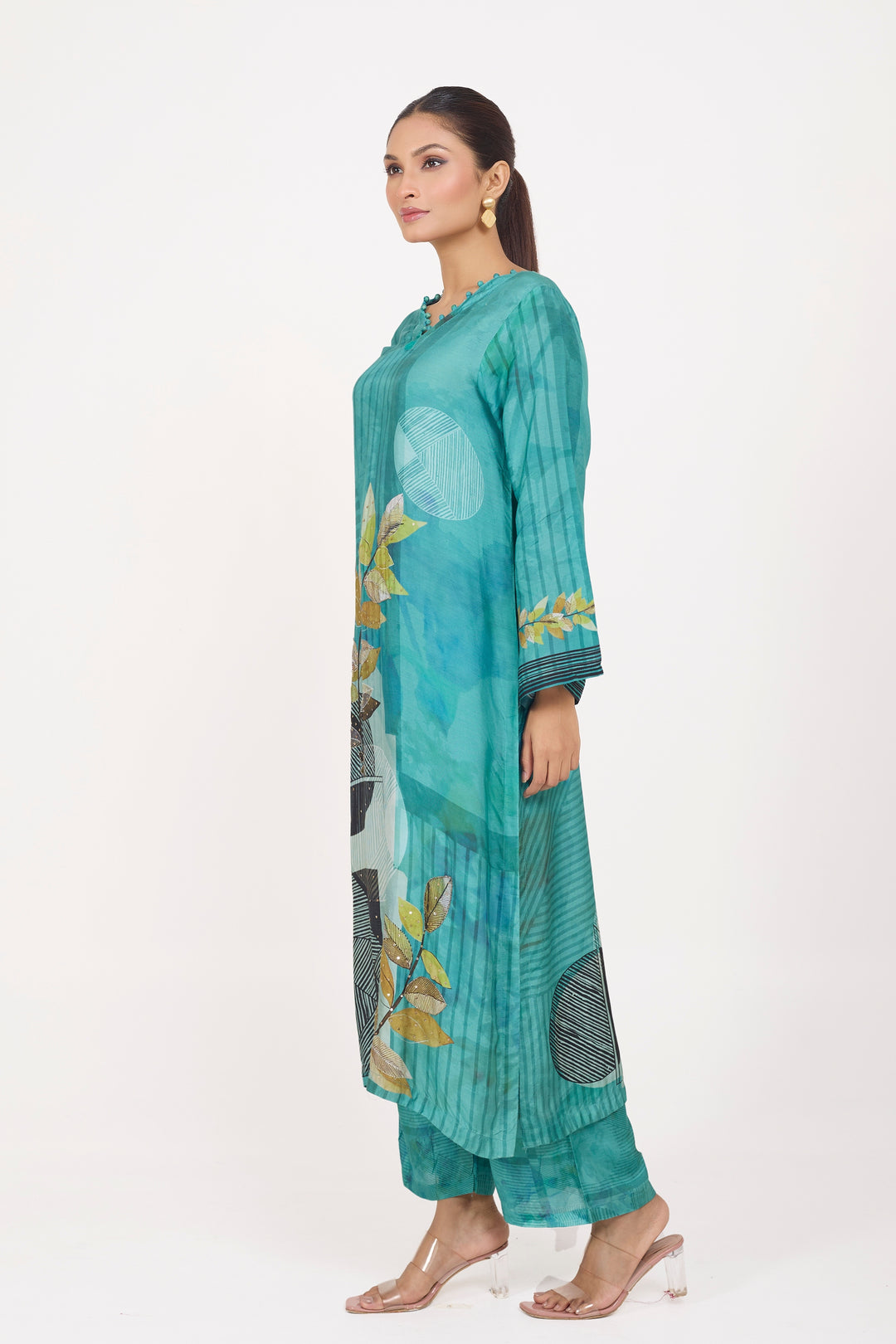 Printed Kurta & Pant - Hand Embroidered - Set of 2 - Sea Green - Muslin Silk
