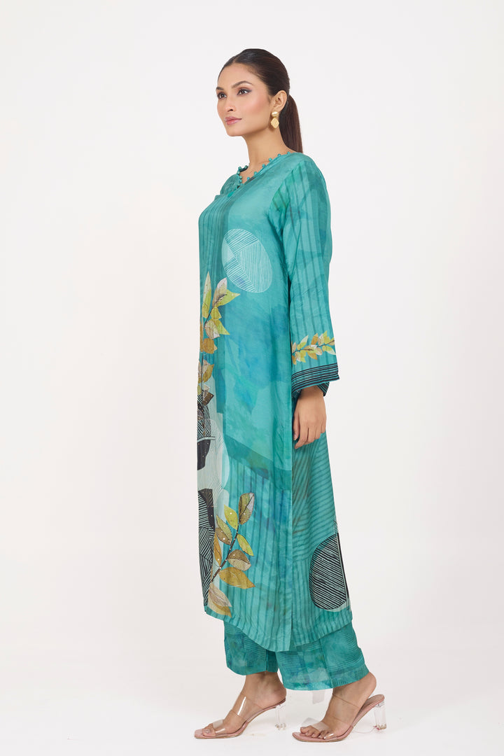 Printed Kurta & Pant - Hand Embroidered - Set of 2 - Sea Green - Muslin Silk