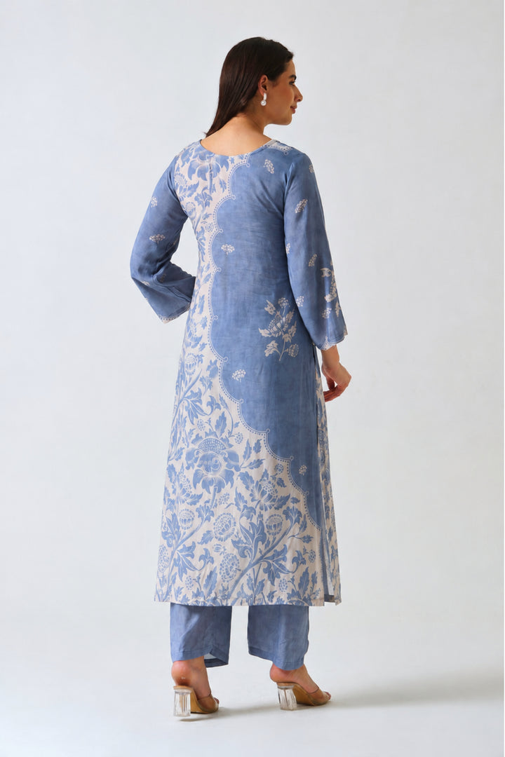 Printed Muslin Silk Kurta & Pant – Pearl Embellished – Set of 2 – Blue