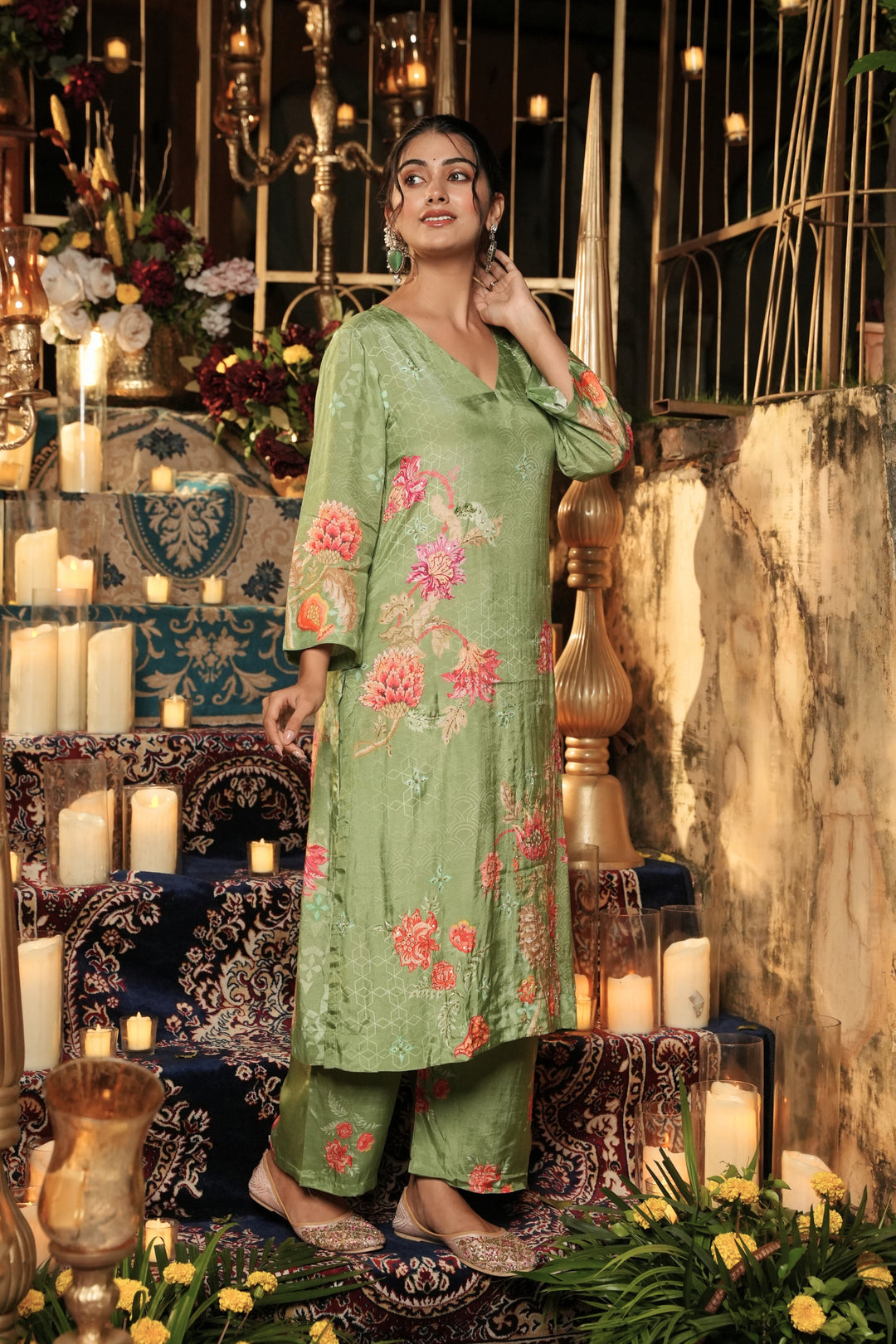 Floral Printed Kurta & Pant - Hand Embroidered - Set of 2 - Green