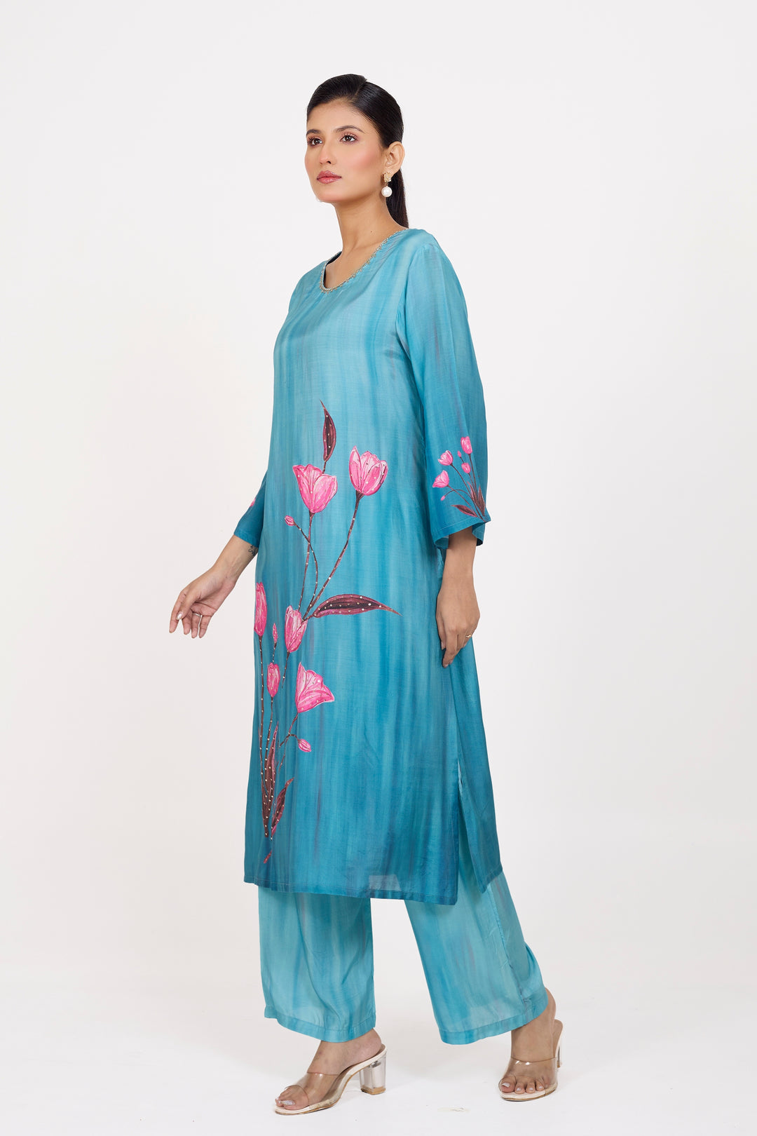 Printed Kurta & Pant - Hand Embroidered - Set of 2 - Blue - Muslin Silk