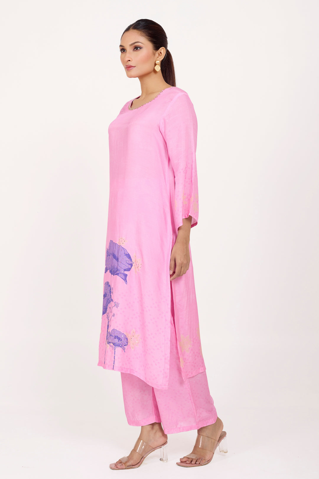 Pink Muslin Silk Hand-Embroidered Kurta Set