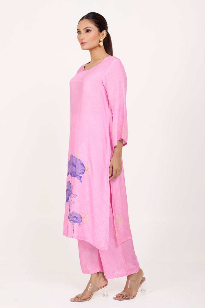 Pink Muslin Silk Hand-Embroidered Kurta Set