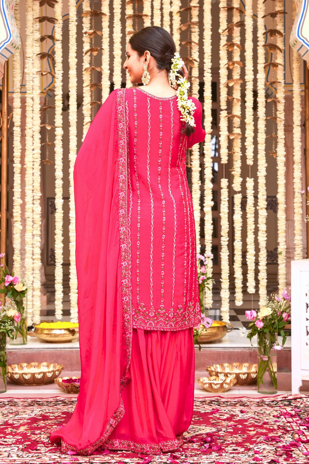 PINK SHARARA SET FOR WOMEN - PAIRED WITH DUPATTA - EMBROIDERED WITH RESHAM & HANDWORK - SET OF 3